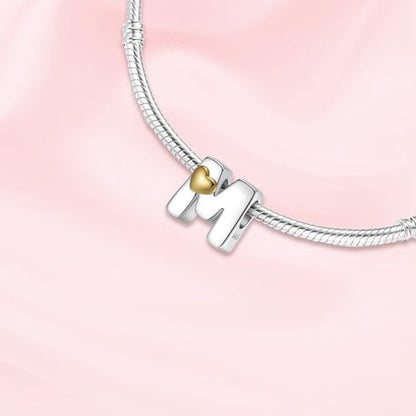 A~Z Alphabet Charm Letter Beads 925 Sterling Silver with Heart-shaped 5A Cubic Zircon Stones fits Pandora European Bracelets Necklace Jewelry Gift for Women - style: M Letter Charms