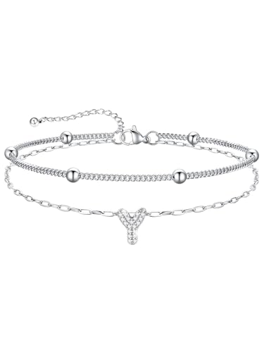 U7 Initial Ankle Bracelets for Women Silver/Gold Anklets Waterproof, 14K Gold Plated Layered Anklets Bracelet Stainless Steel Hypoallergenic 8.5"-10.5" - color: Silver-CZ, size: Y