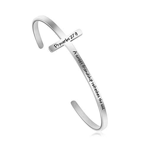 𝐂𝐫𝐨𝐬𝐬 𝐁𝐫𝐚𝐜𝐞𝐥𝐞𝐭 Religious Cuff Bangle 𝐁𝐢𝐛𝐥𝐞 𝐕𝐞𝐫𝐬𝐞 Christian Gifts Jewelry for 𝐖𝐨𝐦𝐞𝐧 - style: Silver cuff-A sweet friendship refreshes the soul -Proverbs 27:9