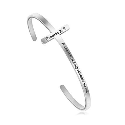 𝐂𝐫𝐨𝐬𝐬 𝐁𝐫𝐚𝐜𝐞𝐥𝐞𝐭 Religious Cuff Bangle 𝐁𝐢𝐛𝐥𝐞 𝐕𝐞𝐫𝐬𝐞 Christian Gifts Jewelry for 𝐖𝐨𝐦𝐞𝐧 - style: Silver cuff-A sweet friendship refreshes the soul -Proverbs 27:9