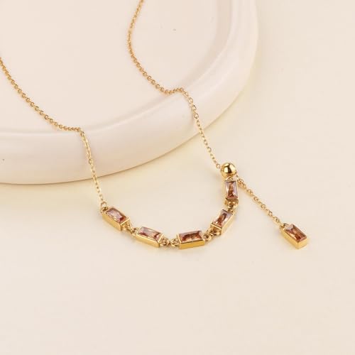Emerald Cut Y Shaped Necklace for Women 18K Gold Plated Double Layered Y Lariat Necklace Jewelry Gift - color: Style9-Champagne