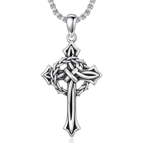 ROMANTICWORK Cross Necklace for Men 925 Sterling Silver Three Nail Cross/Atheist/Anchor/Skull Pendant Christian Protect Jewelry Birthday Gifts for Husband - color: Crown of Thorns Cross