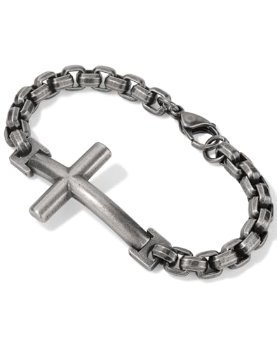 Stainless Steel Mens Cross Bracelet - 18K Gold Plated 316L Christian - Religious Jewelry for Women - color: Vintage Silver Rhodium plated