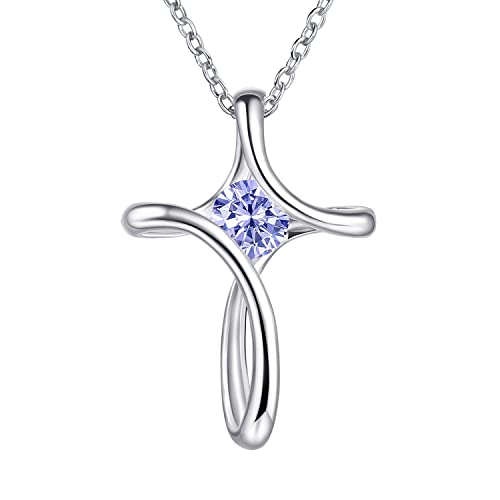 Cross Necklace for Women 925 Sterling Silver Birthstone Necklace for Women | Silver Necklaces with Diamond Sideways Birthstone Jewelry Gifts for Women 45+3cm Adjustable Chain - color: 06-June-Alexandrite