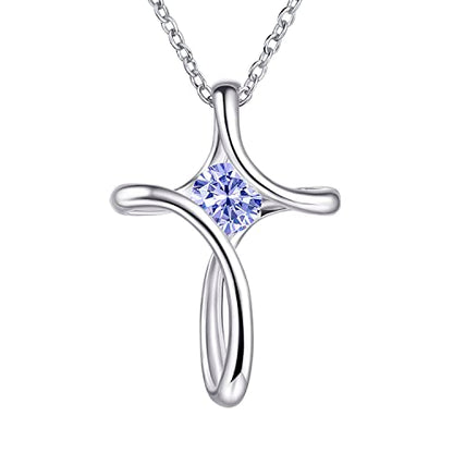 Cross Necklace for Women 925 Sterling Silver Birthstone Necklace for Women | Silver Necklaces with Diamond Sideways Birthstone Jewelry Gifts for Women 45+3cm Adjustable Chain - color: 06-June-Alexandrite
