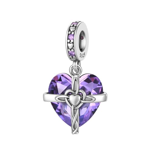LNQOBU Birthstone Charm for Bracelets,925 Sterling Silve Heart Dangle Charms for Pandora Bracelets - color: B-February