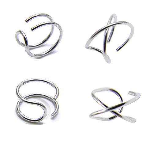 4PCS Helix Ear Cuff Cartilage Earring No Piercing Earcuff, 925 Sterling Silver,14K Gold Simple Criss Cross Double Lines Adjustable Ear Cuffs Minimalist Women Girls Men Clip On adornment Set - color: silver