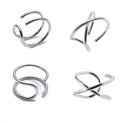 4PCS Helix Ear Cuff Cartilage Earring No Piercing Earcuff, 925 Sterling Silver,14K Gold Simple Criss Cross Double Lines Adjustable Ear Cuffs Minimalist Women Girls Men Clip On adornment Set - color: silver