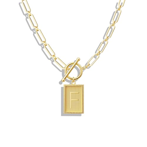Tewiky Gold Initial Necklaces for Women, Square Letter Pendant Necklace | Toggle Clasp，Trendy 14K Gold Plated Dainty Paperclip Chain Necklaces for Women，Jewelry Gifts - style: Gold F