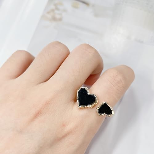 Retro Enamel Double Hearts Open Statement Ring for Women Fashion Simple Asymmetry Love Hearted Wrap Finger Knuckle Adjustable Bands Rings Gold Plated Wedding Eternity Promise Engagement Jewelry - color: Black