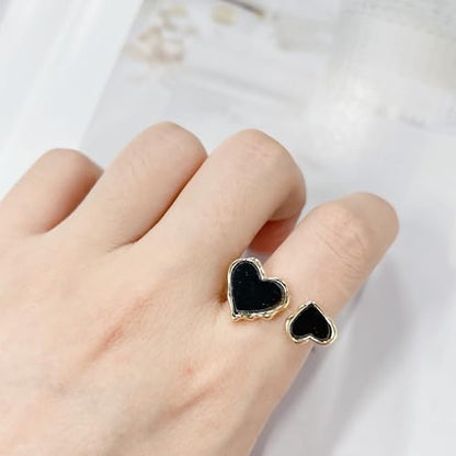 Retro Enamel Double Hearts Open Statement Ring for Women Fashion Simple Asymmetry Love Hearted Wrap Finger Knuckle Adjustable Bands Rings Gold Plated Wedding Eternity Promise Engagement Jewelry - color: Black