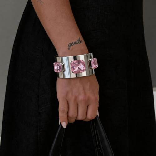 Punk Square Crystal Open Bracelet for Women Fashion Wide Cuff Bangle Bracelets Shiny Rhinestone Rectangle Charm Bangle Geometric Statement Jewelry Gifts - color: Pink