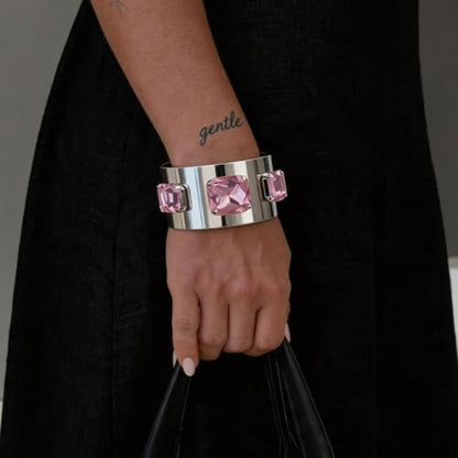 Punk Square Crystal Open Bracelet for Women Fashion Wide Cuff Bangle Bracelets Shiny Rhinestone Rectangle Charm Bangle Geometric Statement Jewelry Gifts - color: Pink