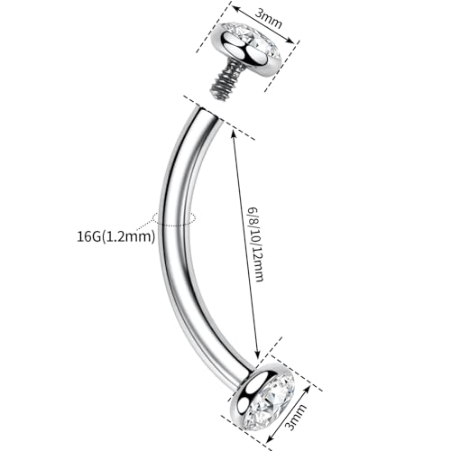 GAGABODY G23 Titanium Eyebrow Piercing Jewelry Curved Barbell Lip Ring | Internal Thread Used in Eyebrow,Belly,Rook 16 Gauge from 6mm to 12mm Lightweight Daily for Woman and Man Sensitive Skin - color: 1Pc-Disc Shape Silver+Clear CZ, size: 16G-10mm