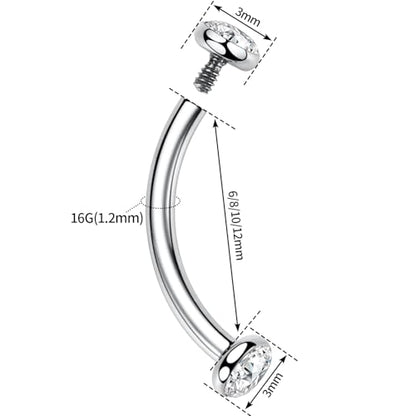 GAGABODY G23 Titanium Eyebrow Piercing Jewelry Curved Barbell Lip Ring | Internal Thread Used in Eyebrow,Belly,Rook 16 Gauge from 6mm to 12mm Lightweight Daily for Woman and Man Sensitive Skin - color: 1Pc-Disc Shape Silver+Clear CZ, size: 16G-10mm