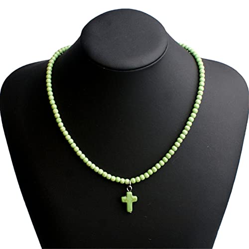 Small Dainty Cross Necklace Pendant Bohemian Turquoise Seed Bead Beaded Necklace Choker for Women Men Faith Jewelry Gift - color: 01 Green