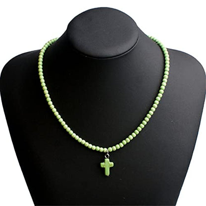 Small Dainty Cross Necklace Pendant Bohemian Turquoise Seed Bead Beaded Necklace Choker for Women Men Faith Jewelry Gift - color: 01 Green