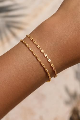 Moodear Gold Bracelets for Women, 2PCS Dainty 14K Gold Plated Link Chain | Waterproof Non Tarnish Jewelry, Adjustable Gold Plated Link & Bead Chain, Perfect for Daily Wear, Vacation Outfits & Gifts - color: gold-7