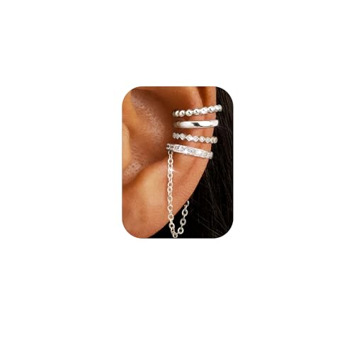 Florideco 4Pcs Ear Cuffs Non-Piercing for Women Dainty 14K Gold Plated Clip On Cartilage Earrings Hypoallergenic Huggie Hoop Cuffs Fake Earings for Non Pierced Ears - color: Beaded-White Gold Plated