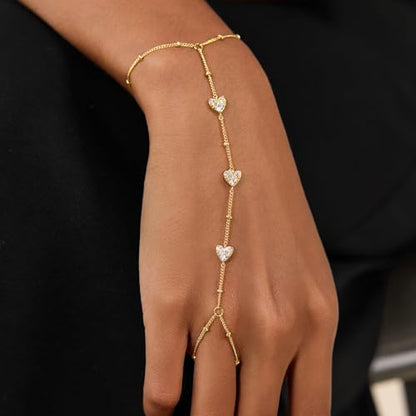 Cicy Bell Hand Chain Bracelets for Women 18K Gold Plated | Layered Stackable Dainty Ring Bracelets, Adjustable Satellite Bead Dot Link Finger Bracelets - color: Style A-Gold