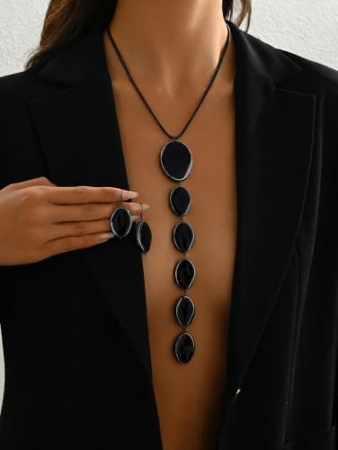 Statement Necklace and Earrings Set – 2PCS Gold Silver Chunky Geometric Pendant Jewelry with Snake Chain, Asymmetrical Ellipse Y-Necklace Metallic Fashion Jewelry for Women - color: A: Black