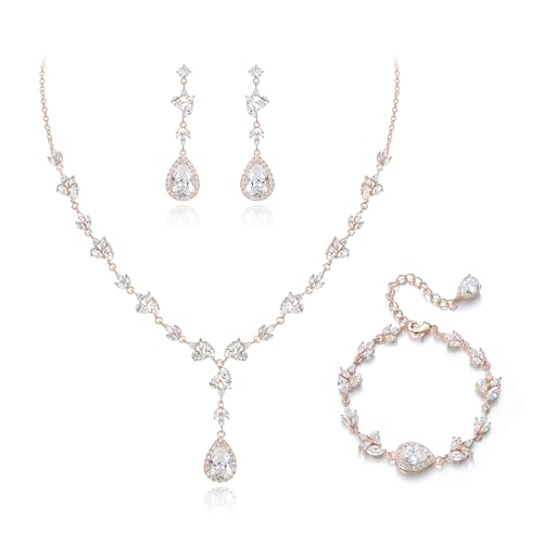 Teardrop Marquise Cubic Zirconia Wedding Prom Jewelry Set for Women Bridal | Silver/Gold/Rose Gold Plated, Pear Cut Pendant Necklace Drop Earrings Link Bracelet, for Bride Bridesmaid, for Banquet Party - style: A_Three Set, Rose Gold-Tone
