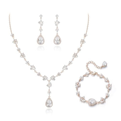Teardrop Marquise Cubic Zirconia Wedding Prom Jewelry Set for Women Bridal | Silver/Gold/Rose Gold Plated, Pear Cut Pendant Necklace Drop Earrings Link Bracelet, for Bride Bridesmaid, for Banquet Party - style: A_Three Set, Rose Gold-Tone