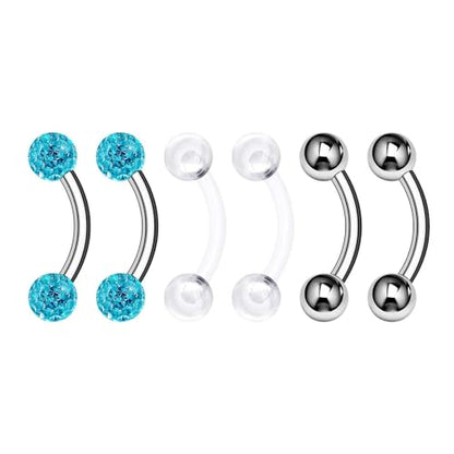 Surgical Steel Curved Barbell Ring 16g 5/16 8mm 3mm Ferido Ball Helix Earring Eyebrow Piercing Jewelry Choose Colors and Size - color: S-6pcs-Aqua-16g-5/16"(8mm)-3mmBall