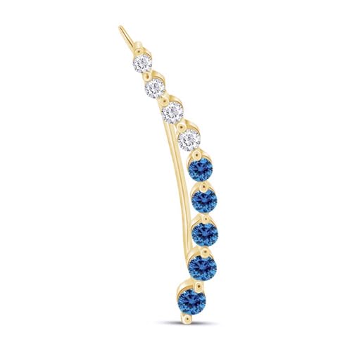 Floating Curved Bar One Piece Left Ear Crawler Earrings With Birthstone | White CZ In 14K Yellow Gold Over Sterling Silver - color: Simulated Blue Topaz