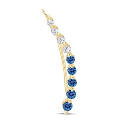 Floating Curved Bar One Piece Left Ear Crawler Earrings With Birthstone | White CZ In 14K Yellow Gold Over Sterling Silver - color: Simulated Blue Topaz