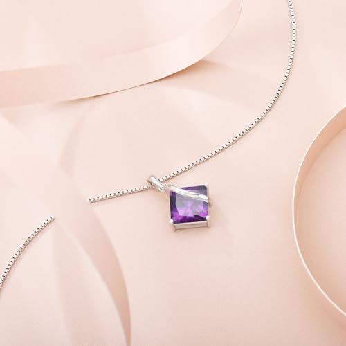 Square Princess Cut Necklace 925 Sterling Silver Solitaire Pendant Necklace Birthstone Jewelry Gifts for Women - color: 02 February - Amethyst