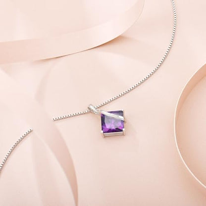 Square Princess Cut Necklace 925 Sterling Silver Solitaire Pendant Necklace Birthstone Jewelry Gifts for Women - color: 02 February - Amethyst