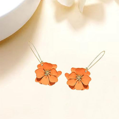Bohemian Daisy Flower Matte Floral Long Petal Drop Dangle Earrings Layered Tiered for Women Chic Boho Wedding Jewelry - color: Orange