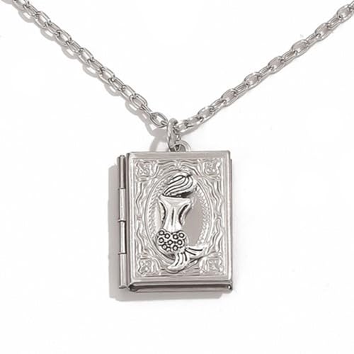 Photo Book Locket Necklace for Women Charm Choker Pendants that Holds Pictures Memorial Jewelry - color: Mermaid Pattern