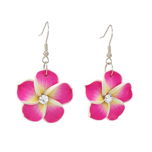 Floral Dangle Earrings for Women Hawaiian Tropical Plumeria Rubra Flower Drop Earrings with Cubic Zirconia Luau Beach Party Vacation Hawaiian Accessories Jewelry Gift - color: Hot Pink