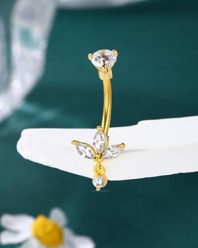 Lotus Belly Button Rings Dangle 14G Dangle Belly Navel Button Piercing Surgical Steel Navel Piercing Jewelry Dangling - color: YG-10MM