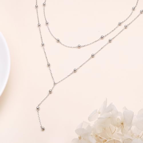 FLYOW Layered Necklace S925 Sterling Silver Y Shaped Jewelry - style: Beads Style