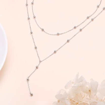 FLYOW Layered Necklace S925 Sterling Silver Y Shaped Jewelry - style: Beads Style