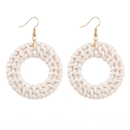 Handmade Rattan Teardrop Dangle Earrings for Women, Lightweight Boho Woven Statement Earrings with Gold Fish Hook, Natural Straw Weave Vacation Jewelry for Summer Beach - style: Dangle Ring