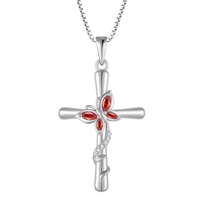 Cross Necklace for Women 925 Sterling Silver Butterfly Necklace Birthstone Pendant Created Gemstone Jewelry Gifts for Women - color: 01 January - Garnet