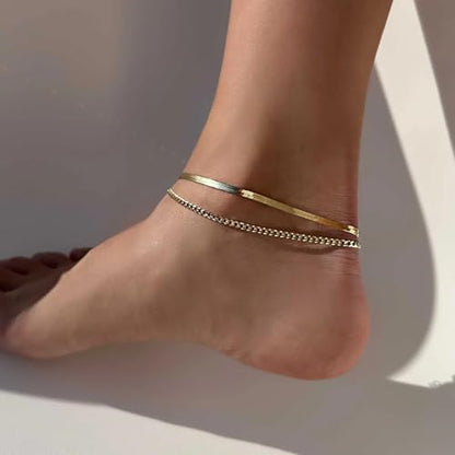 Waterproof Ankle Bracelets for Women Gold Anklets Non Tarnish Pearl/Figaro/Cuban/Snake Chain Anklet Adjustable Anklets for Womens Summer Beach Anklet Foot Jewelry for Women Gift - color: Cuban Chain-2-Gold