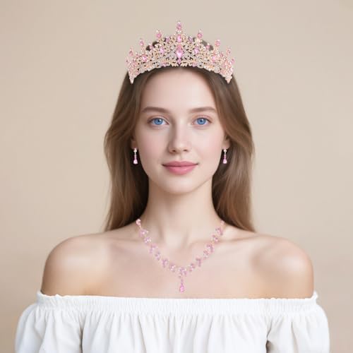 Crystal Crown and Tiara Jewelry Set for Women Bride with Necklace Earrings | Metal Rhinestone Royal Queen Princess Jewelry Set Wedding Quinceanera Pageant Prom Birthday Halloween Party Costume Gift - color: Style E-Pink