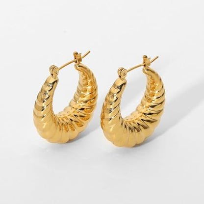 18K Gold Plated Stainless Steel Statement Earrings for Women - Trendy Hoops with Cubic Zirconia - Lightweight Non-Tarnish Waterproof Fashion Jewelry Gift - style: Croissant Twist Hoops