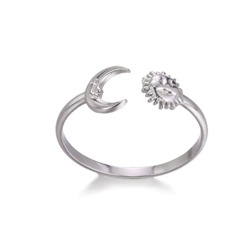 Sun and Moon Rings Stainless Steel Crescent Sun Rings for Women Gold Open Ring Middle Index Finger Jewelry Gift - color: A-Silver Sun&Moon