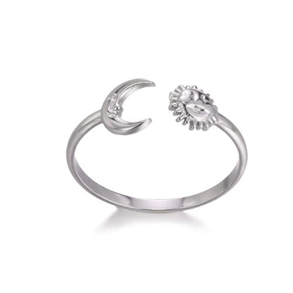 Sun and Moon Rings Stainless Steel Crescent Sun Rings for Women Gold Open Ring Middle Index Finger Jewelry Gift - color: A-Silver Sun&Moon
