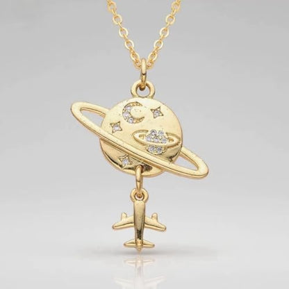 Planet Necklace for Women Gold-Plated Adorned with Saturn Earth Moon and Star Pendants Paired with a Medallion Pendant and Paperclip Chain Choker Adjustable Chain Length Jewelry Gift for Birthdays Dances and Parties - style: Plane
