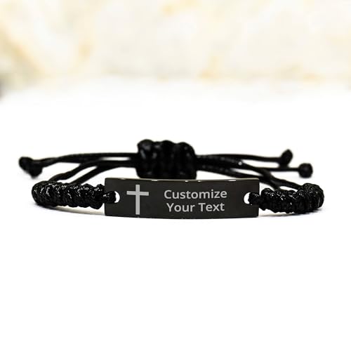 Personalized Christian Bible Verses Black Rope Bracelet Inspirational Scripture ID Cross Religious Quote Faith God Engraved Adjustable Customized Gifts for Men Women Kiss Him Husband Father Bois - style: Personalized (Cross+Text)