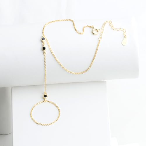 Kakikaki 925 Sterling Silver Finger Ring Bracelet Hand Chain for Women | Slave Bracelets 7" to 9" Adjustable - color: Gold, style: 3 Black