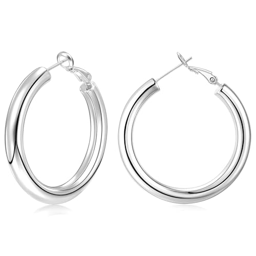 sovesi Chunky Hoop Earrings for Women, 14K Gold Plated Thick Hoops | 5mm Thick Hollow Tube Chunky Lightweight Hypoallergenic Hoop Earrings for Women - style: Silver 40MM