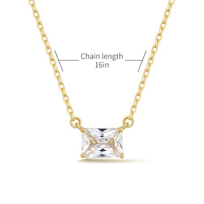 14K Gold Plated Solitaire Cubic Zirconia Necklace, Rectangle CZ Pendant Necklace for Women, Minimalist for Everyday Wear